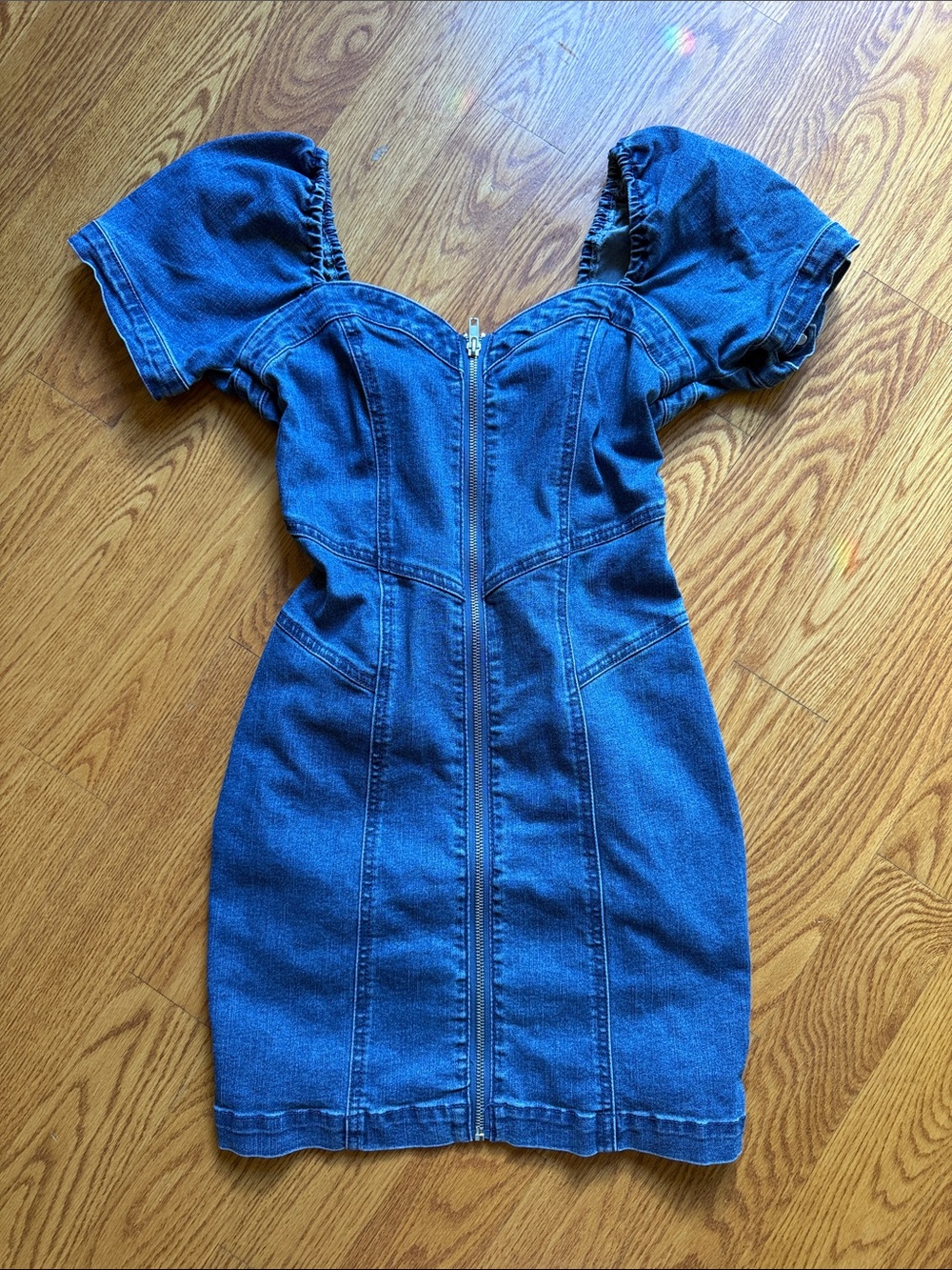 Forever 21 Blue Denim Puff-Sleeve Zip-Front Mini Dress